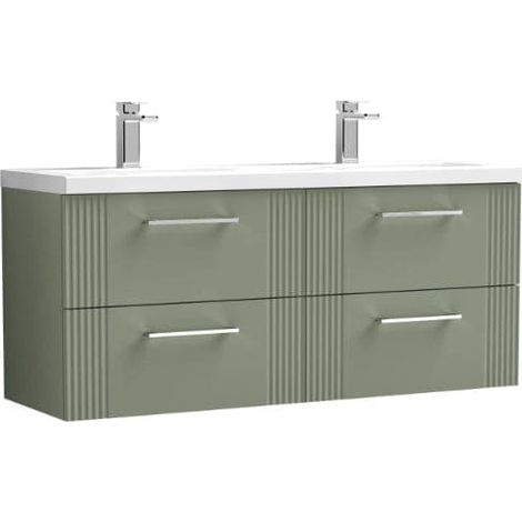 Nuie Deco Satin Green 1200mm Wall Hung 4 Drawer Vanity Unit and Double Ceramic Basins - DPF893F (1/5)