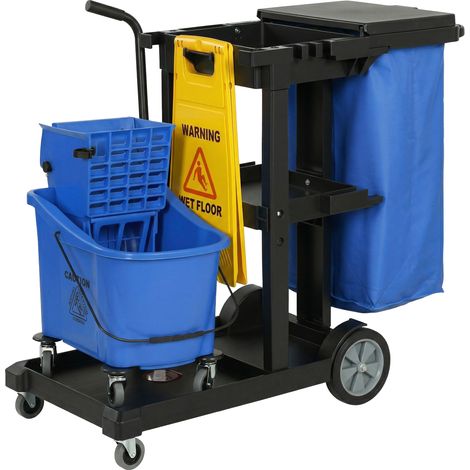Chariot de nettoyage, chariot de nettoyage roulant à 3 étagères, sac poubelle de 70 litres, seau essoreur, bleu