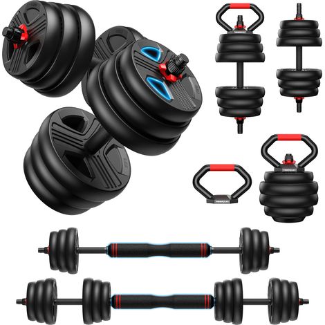 FEIERDUN 10/15/25kg Hanteln Verstellbar 2er Set, 5-in-1 Hantelset Dumbbell Set, Langhantel, Kettlebell, Liegestützständer für Ganzkörpertraining, Krafttraining für Männer und Frauen