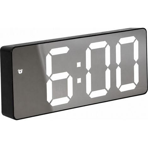 Réveil numérique LED, double alimentation (piles et secteur), style épuré, en plastique, pour chambre à coucher. Boîtier rectangulaire noir, miroir et lampe blanche. (1/5)