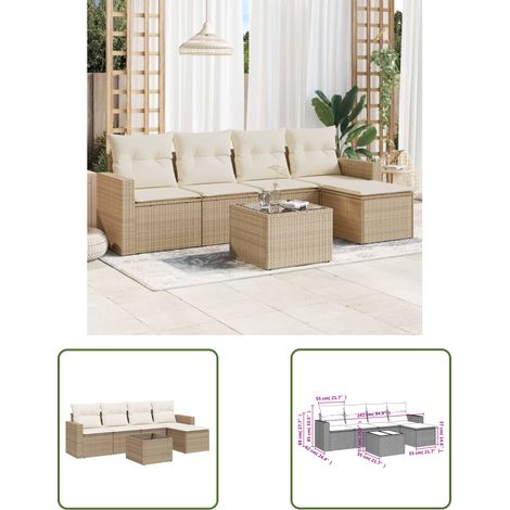 The Living Store Salon de jardin avec coussins 6 pcs beige résine tressée - Salon De Jardin - Meuble De Jardin - Set Salon De Jardin - Canapé D'extérieur - Fauteuil D'extérieur (1/3)