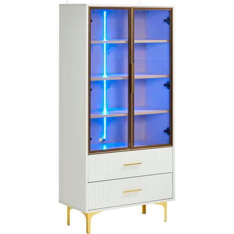 Vitrina de cristal blanca con 2 puertas, LED RGB y patas doradas, 70 x 35 x 150 cm (1/5)