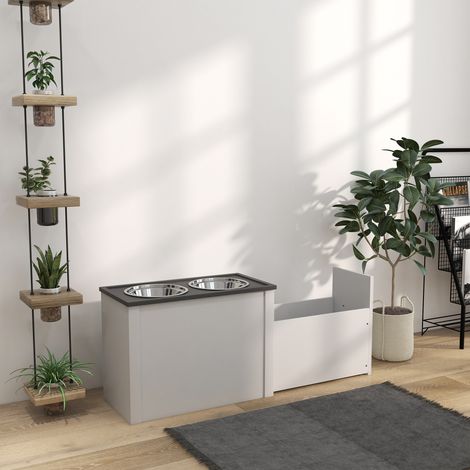 REDOM Gamelle pour chien 60x30x42cm 2 gamelles en acier inoxydable MDF Rangement caché Blanc (1/5)