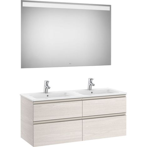 Pack de mueble base de cuatro cajones, lavabo doble y espejo LED THE GAP - ROCA Color: Fresno nórdico