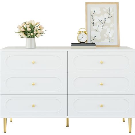 Buffet bas blanc moderne à 6 tiroirs avec façades à creux ovales, pieds métalliques stables et rangements spacieux pour salon, chambre ou entrée - CHICFURN (1/5)