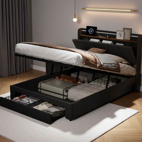 Bett 140x200 cm - 250402HXF - USB - LED - Leinen - Doppelbettgestell 140x200 cm - Dunkelgrau