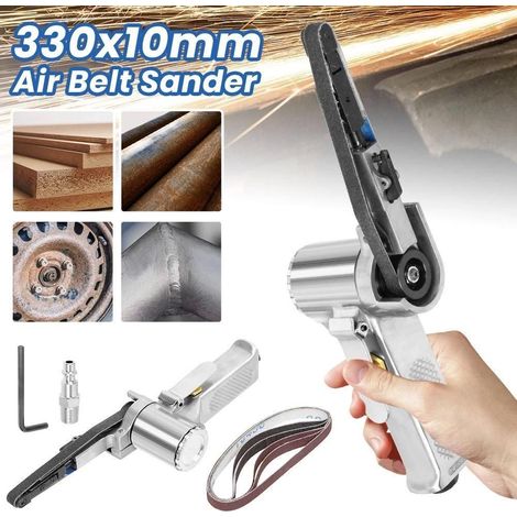 Ponceuse à bande pneumatique 10 mm, polisseuse pneumatique portative légère avec 5 bandes abrasives (1/5)