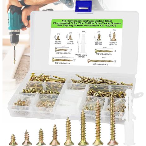 420 pezzi di viti autofilettanti per legno, viti a croce a testa piatta, viti autoforanti, assortimento di viti per cartongesso multiuso - M3 x (6/8/10/12/16/20/25/30 mm) (1/5)