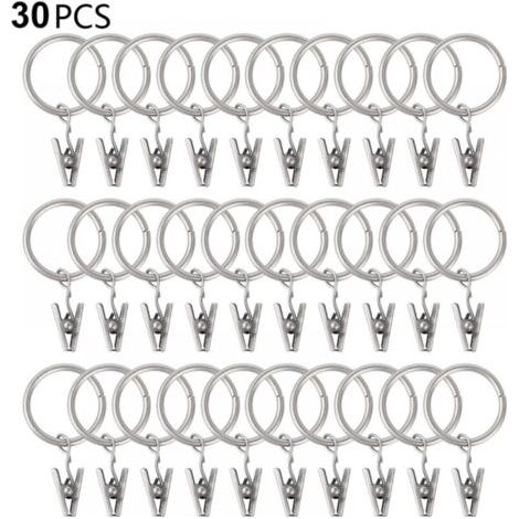 30er-Pack Gardinenringe mit Clips, stark, Haken an Stangenhalterungen, Metallösen mit Innendurchmesser, für dekorative Vorhänge, Fensterrahmen, Silber, 30mm (1/5)