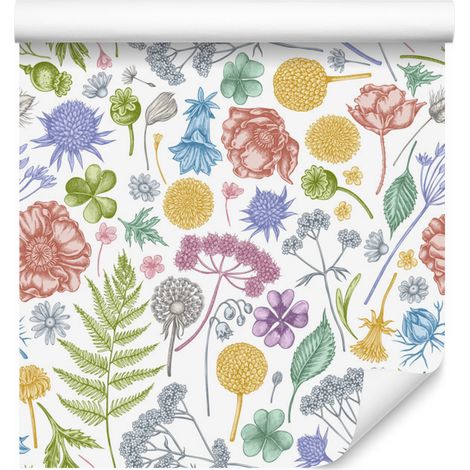 Papel pintado Flores de pradera con helechos para salón y dormitorio, 50x1000 cm (1/5)
