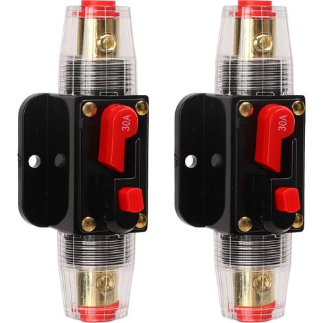 Disjoncteur 30A 12-24V avec réarmement manuel, porte-fusible en ligne, cosses de batterie et gaines thermorétractables pour système audio auto et bateau. (1/5)