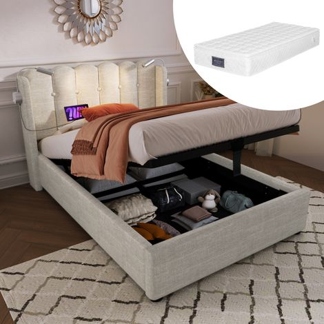 Cama con espacio de almacenamiento de lino beige 90x200 cm con luz de lectura, USB, somier de láminas y colchón