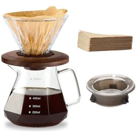 Cafetière à filtre manuel, carafe en verre borosilicate de 600 ml avec 100 filtres en papier taille 02, poignée en noyer et couvercle en verre transparent (1/5)