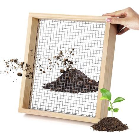 Tamis à terre en bois pour le jardinage, adapté au compostage de la terre et des pierres, maille de 3 mm x 3 mm, treillis métallique. (1/4)