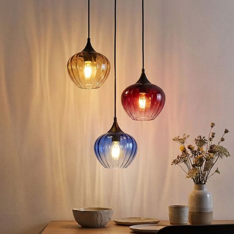 Lampada a sospensione LED a 3 luci per sala da pranzo Lampada a sospensione in vetro retrò per soggiorno, rosso ambra blu, 3x 7W 806Lm bianco caldo, DxH 45 x 150 cm (1/5)