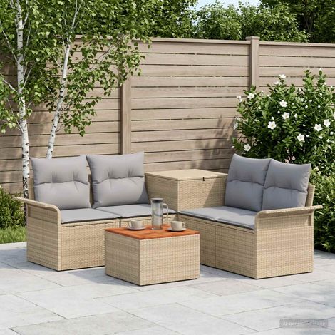 Ensemble de canapés de jardin modulable 6 pièces avec coffre de rangement, rotin synthétique beige et gris clair pour 4 personnes (1/5)