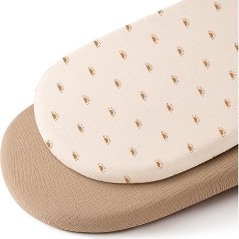 Baby crib sheets - unisex - 2-pack - soft and breathable - suitable for babies - suitable for oval (hourglass pattern) cribs and rectangular cribs - camel color, sun pattern (1/5)