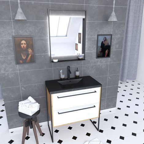 Mobile da bagno 80x50 cm - lavabo nero effetto pietra 80x50 cm - 2 cassetti - specchio LED