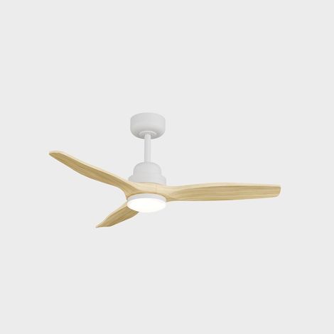 Ventilador de techo con luz LED - Motor DC silencioso - Para exterior e interior IP44 - Mando a distancia - Temporizador - Modo verano/invierno - 3 aspas (madera clara blanca, mediana) (1/5)