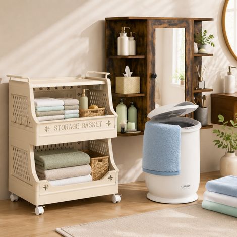 Conjunto de baño con espejo calefactado (3 piezas): calentador de toallas de 21 litros, carrito para la colada de 3 estantes y armario con espejo (1/5)