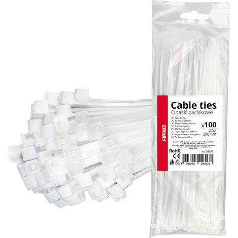 Bridas blancas para cables de 2,5 × 200 mm, 100 unidades, amio-04307 (1/5)