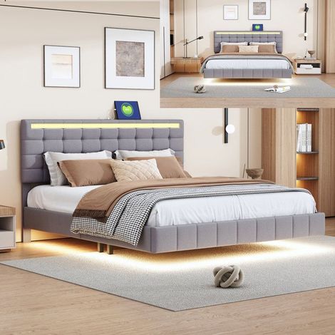 Bett Erwachsene 160x200 cm mit LED - Doppelbett mit Lattenrost - schwebendes Design - Leinenstoff - grau