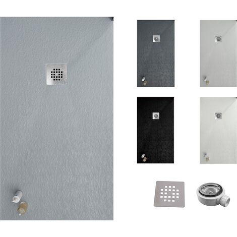 Receveur de douche ONE 100x140 - Matériau en résine avec charge minérale et texture ardoise C3 antidérapante - Comprend une vanne de vidange et une grille (1/5)