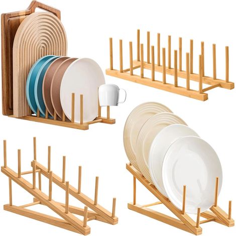 Support Assiettes Bois, Porte-Couvercles Casseroles Bambou, Rangement Tasses Cuisine Armoires, Egouttoir Range Vaisselle, Étagère Organisateur pour Planche Découper, Livres, Bols (5, 8 emplacements) (1/5)