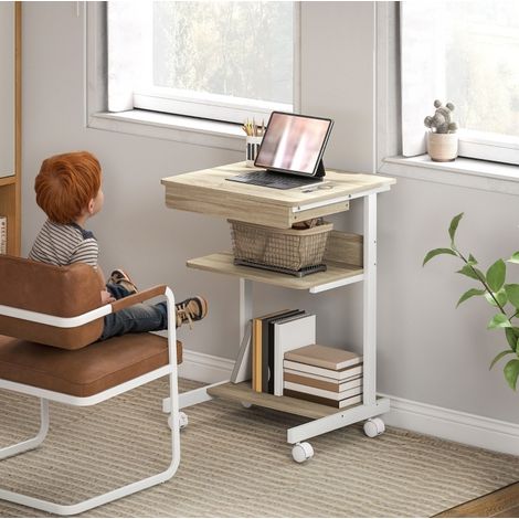 MODFU – Scrivania computer compatta 56x51 cm in pannelli e metallo con cassetto, mensole, 4 ruote di cui 2 bloccabili e per monitor fino a 18 pollici – Rovere (1/5)