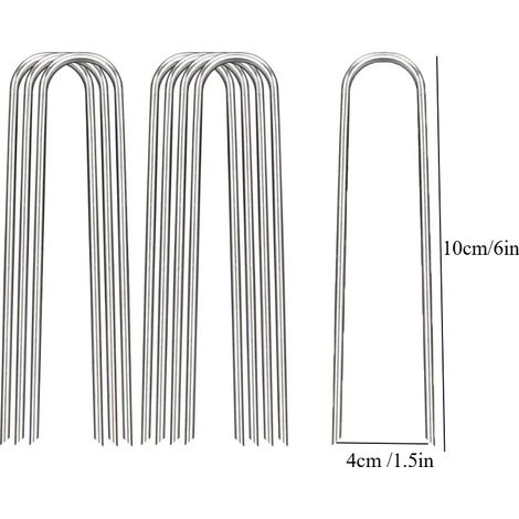(4 x 10 cm, 50 pièces) Clous de jardin en forme de U, robustes, pour piquets de clôture, clous galvanisés pour la fixation de tuyaux d'eau, de barrières de gazon et autres éléments de jardin. (1/4)