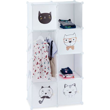 Relaxdays – Scaffale per cameretta bambini con spina – 7 scomparti con asta appendiabiti – Dimensioni 145 x 74 x 36,5 cm – Design a forma di gatto – Plastica e metallo (1/5)