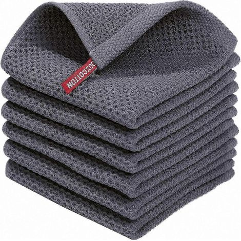 Lot de 6 torchons gaufrés 34 x 34 cm absorbants et dotés d'une boucle de suspension - Gris foncé (1/4)