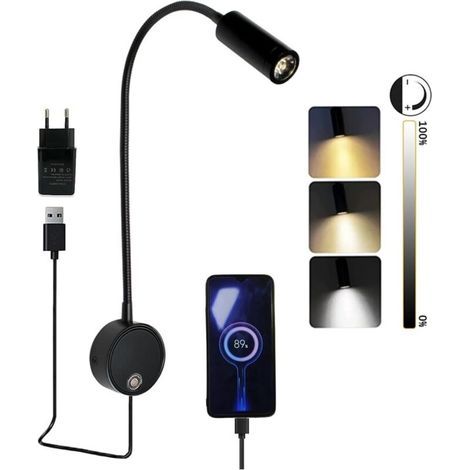 Lampe de lecture murale LED avec interrupteur tactile, intensité variable, col de cygne, lampe de lecture murale avec connexion USB, lampe de chevet d'intérieur avec prise et câble pour tête de lit de (1/5)