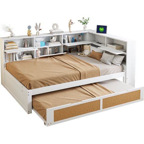 Canapé lit 140 x 200 avec lit d’appoint 90 x 190, rangements intégrés, prises USB et finition bois blanc, idéal petit espace chambre d’enfant - CHICFURN (1/5)