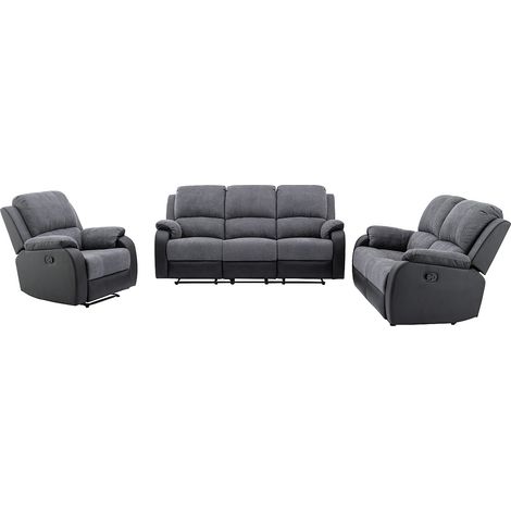 Canapés 3 places 2 places et un fauteuil relax en microfibre et simili gris et noir BRODY (1/4)