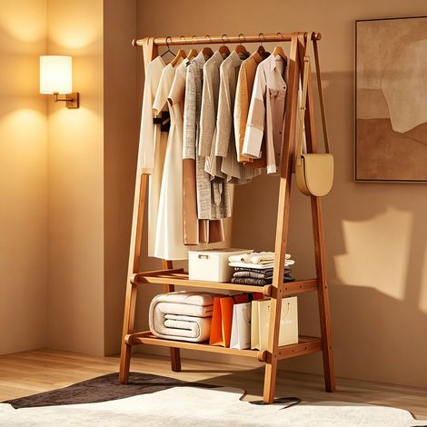 Portable Extra Large Wooden Foldable Garment Rack, Double Tier Storage Shelf Clothes Rail for Bedroom Hall Living Room (1/5)