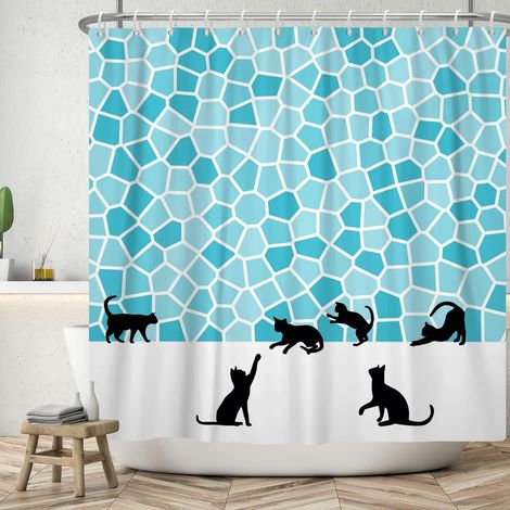 183x183cm Rideau de Douche Chat Noir Mignon Animal Chaton Silhouette Rideau de Douche Ensemble mosaïque Bleue drôle Rideau de Bain pour Animaux de Compagnie Rideau de Baignoire étanche (1/5)
