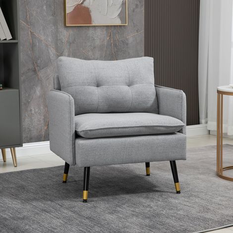 Canapé 1 place en tissu effet lin - salon - pieds acier - 76x68x80cm - gris - pour bureau - accoudoirs et coussins rembourrés - chambre