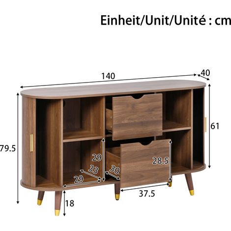 Buffet vertical en bois massif à portes coulissantes, deux tiroirs, pieds robustes, meuble d'angle arrondi pour séjour, rangement élégant. (1/5)