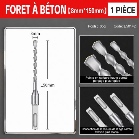 Foret béton haute résistance à queue carrée 8 × 150 mm pour perforateur 8 150mm 150 e50142 18 × 15 × 2 cm 65 g – Livraison gratuite