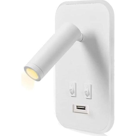 Applique murale LED, liseuse de chevet avec interrupteur, port de charge USB, éclairage d'ambiance réglable pour chambre à coucher (lumière naturelle 3 W + lumière chaude 9 W) Blanc