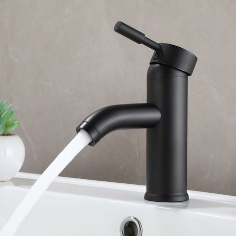 Robinet de salle de bain noir de style minimaliste (court), robinet d'eau chaude et froide, robinet de lavabo en acier inoxydable et érable. (1/3)