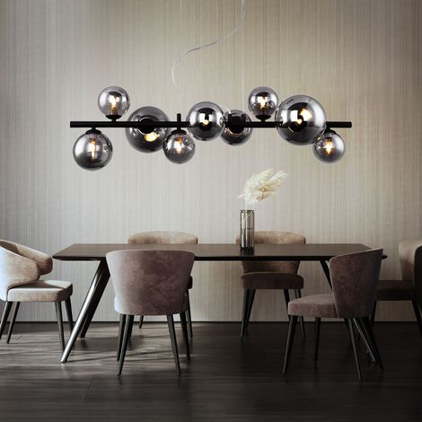 Pendelleuchte Kugel Glas Hängelampe Esstisch schwarz Wohnzimmerlampe hängend Modern, 9 Flammig mit Rauchglas, 9x LED 3,5W 350lm warmweiß, LxH 86x120 cm