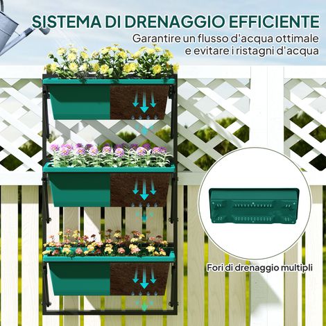 Macetero vertical de exterior de 3 niveles, 3 macetas de plástico para plantas de exterior con orificios de drenaje, macetero colgante para flores y hierbas, 56x42x100cm, verde