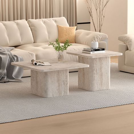 Lot de 2 tables basses carrées 80 et 60 cm effet travertin (1/5)