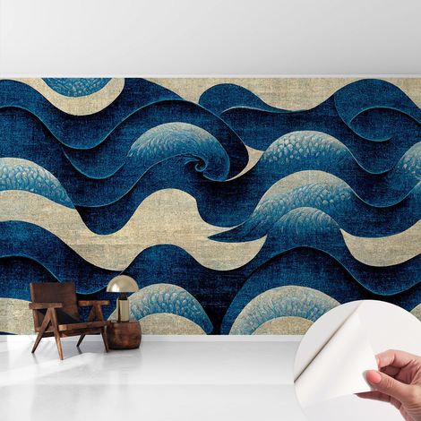 Selbstklebend Tapete - abwaschbar - Raumgestaltung Schlafzimmer Wohnzimmer Tapete Blaue Wellen 416x254 cm (1/5)