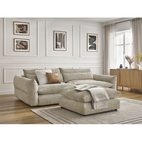 BOBOCHIC - Canapé droit fixe 3 places NEIL tissu texturé avec pouf   Beige (1/5)
