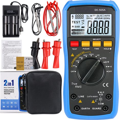 SK-505A Mégohmmètre Testeur d'isolement et multimètre numérique 2 en 1 portable mesure auto tension AC/DC capacité diode continuité écran large maintien données batterie intégrée (1/4)