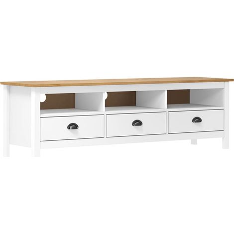 Meuble TV de Salon Armoire Télévision Banc TV Hill Range Blanc 158x40x47 cm Bois de pin solide -FR30506 (1/4)