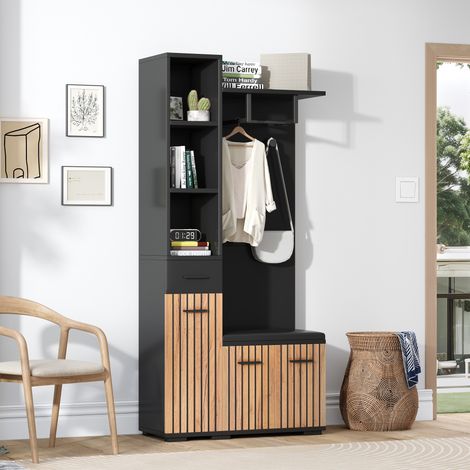 Guardaroba da ingresso 80x35x175 cm nero e legno naturale in truciolare con panca contenitore, ganci e armadi (1/5)